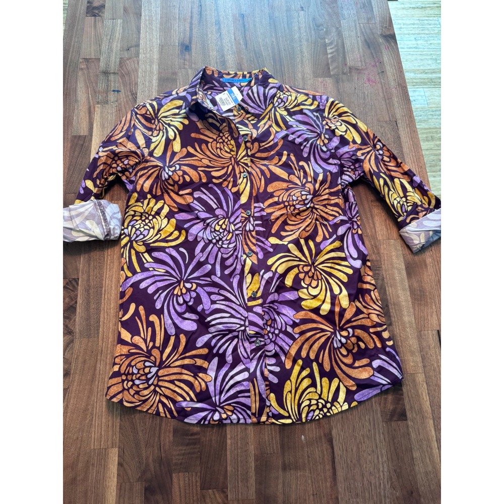 J.McLaughlin Lois Blouse Purple Gold Modern Petals Floral Button Down Shirt S